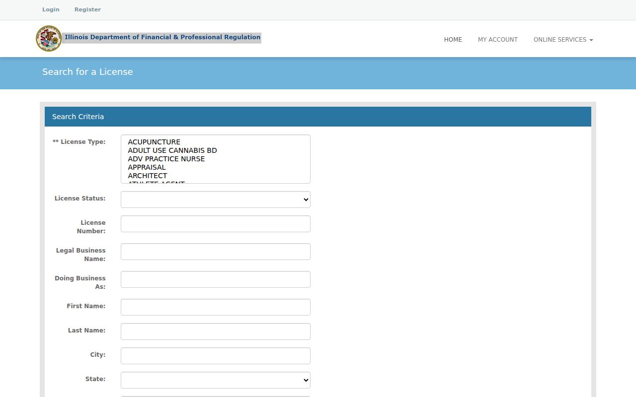 Illinois professional license search for verifying a Granite City name