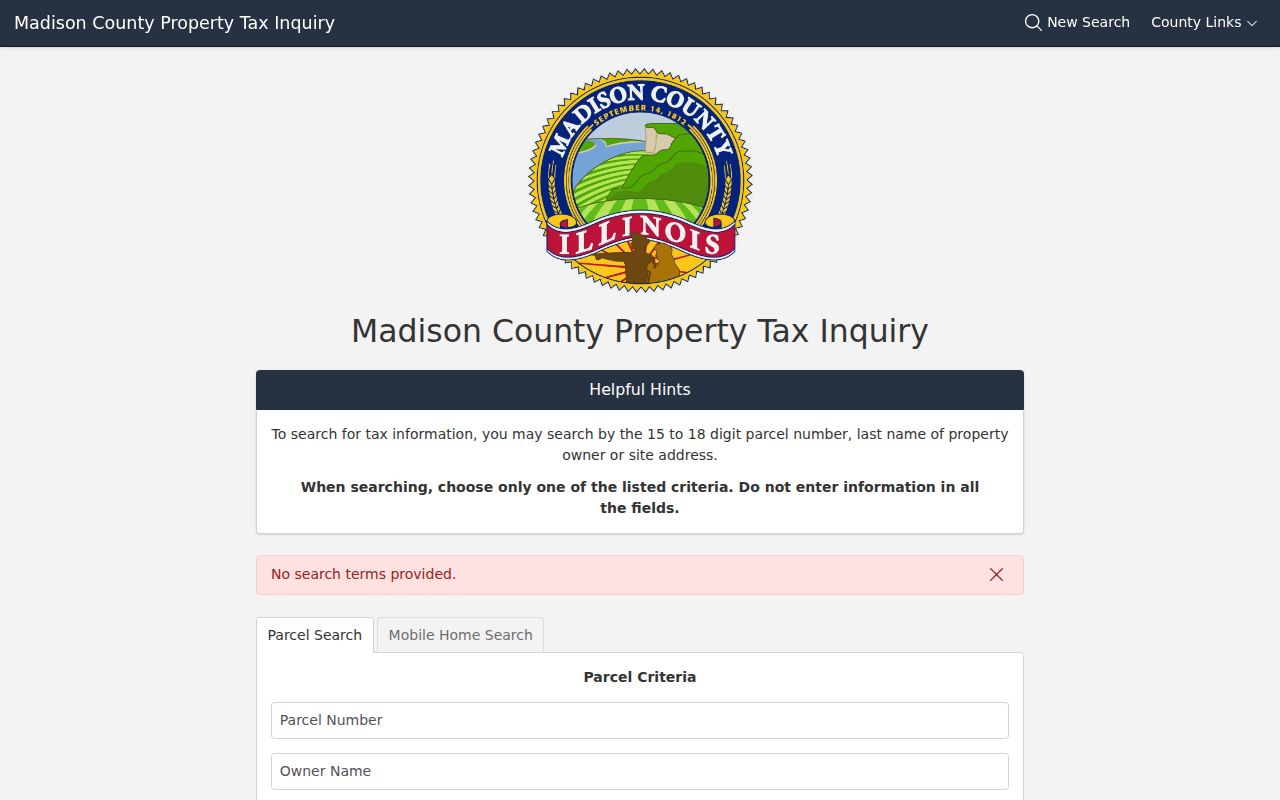 Madison County parcel search with fields used for Granite City ZIP research