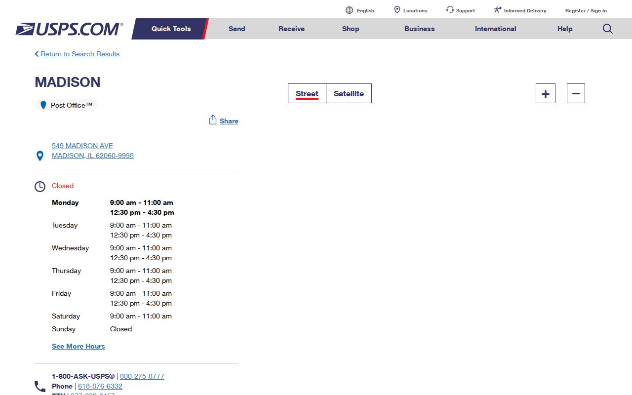 USPS Madison Post Office page showing nearby ZIP 62060